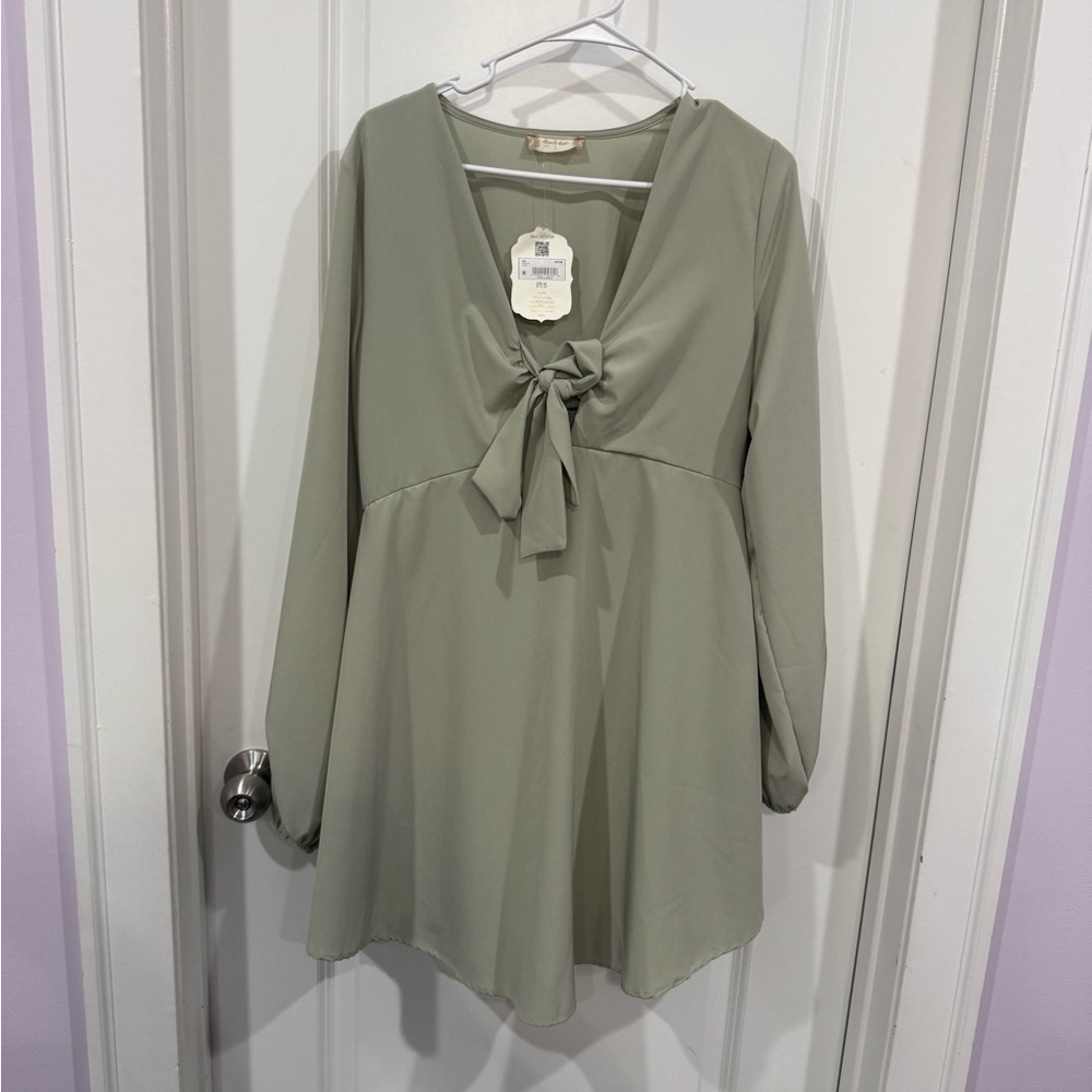 Elegant Sage Green Tie-Front Dress